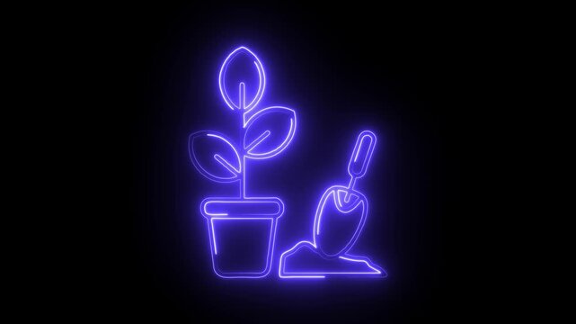 Glowing neon gardening icon isolated on black background. HD Video motion graphic animation