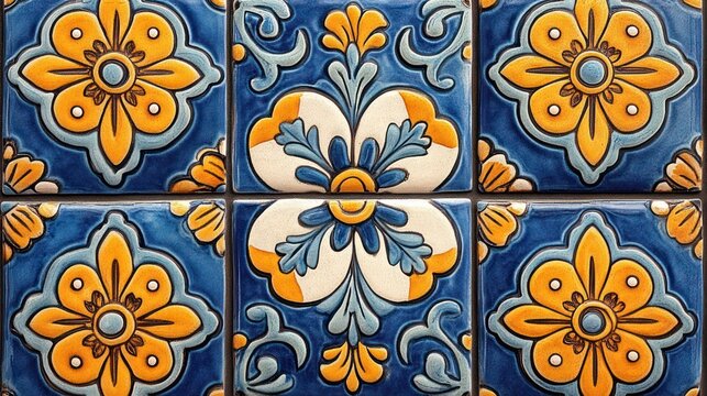 Six glazed ceramic tiles with symmetrical blue, yellow and white floral medallions, ornate repeating pattern, visible grout seams and a cheerful handcrafted decorative look