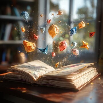 open illustrated book on a wooden table with colorful origami cranes, boats and lanterns rising like glowing paper spirits in warm sunlight, evoking wonder and imagination