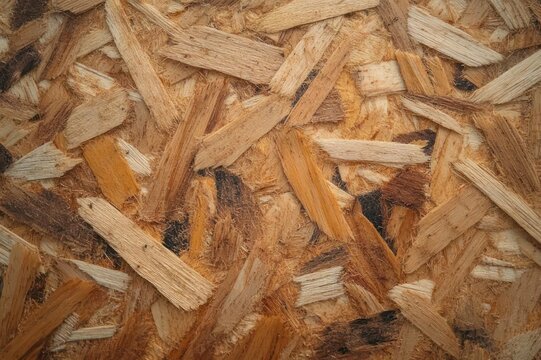 Close-up of rough oriented strand board wood panel with warm earthy tones and rustic textured surface