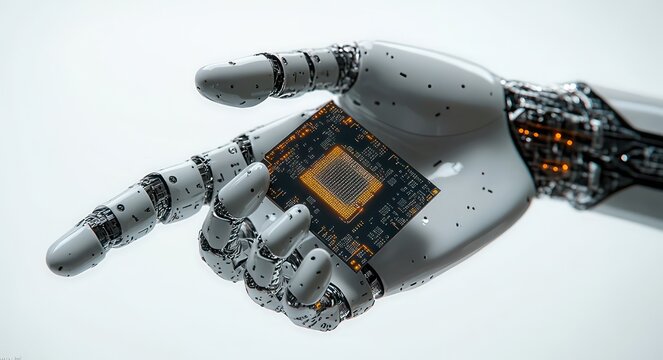 white futuristic robotic hand with exposed mechanical wiring gently holding a glowing microchip on a clean background, conveying precision and technological wonder