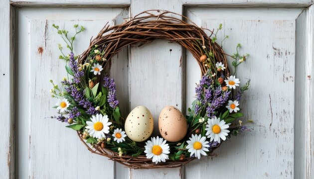 Rustic spring wreath of twigs with daisies, lavender, greenery and two speckled eggs on a weathered white wooden door, evoking cheerful welcoming springtime charm