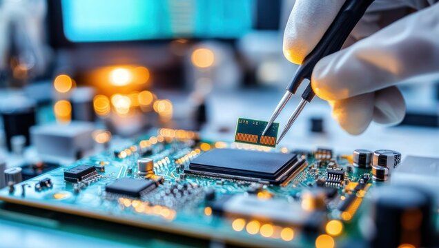 gloved hand placing a microchip onto a circuit board with tweezers, focused precision in high-tech electronics assembly