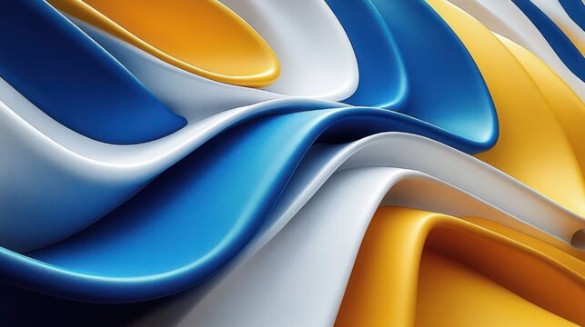 glossy blue, white and gold ribbon-like waves folding and flowing in smooth curving layers, evoking calm and uplifting motion