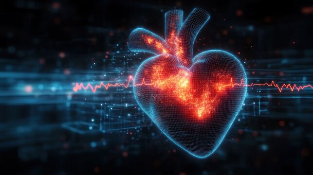 glowing digital human heart wireframe with fiery internal pulse and pulsating electrocardiogram waveform over a futuristic data grid conveying intense vital energy