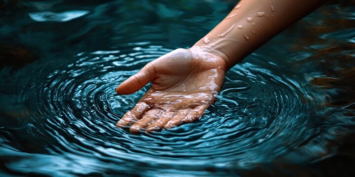 outstretched hand with water droplets gently touching teal water surface creating concentric ripples, calm and contemplative mood