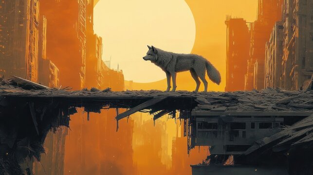 lone wolf on a crumbling bridge between ruined skyscrapers with a massive glowing sun and orange sky, evoking desolate solitude