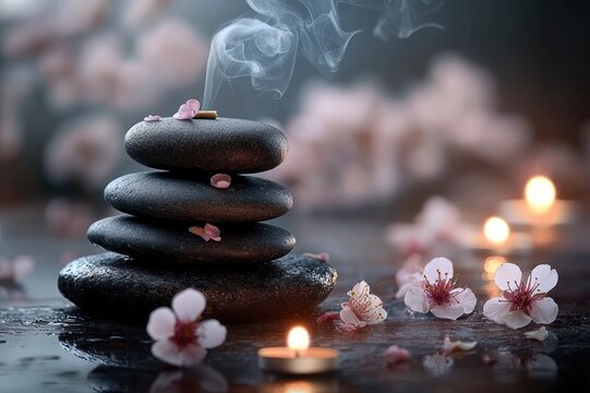 Stacked smooth black spa stones with drifting incense smoke, scattered pink cherry blossoms and glowing tea candles on a wet reflective surface, evoking serene calm