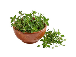 Fototapeta premium Fresh herbs in a clay bowl isolated on transparent background