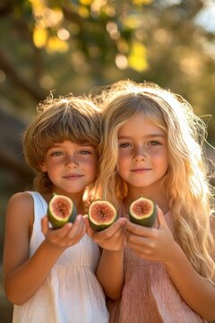 two children joyfully holding halved figs toward camera in warm golden-hour garden light