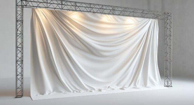 empty illuminated white draped curtain hung on a metal truss frame with soft spotlighting, creating a calm minimal stage backdrop and sense of quiet anticipation