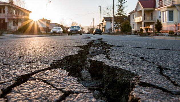 Deep fissure splits asphalt street in residential area. Sunlight illuminates cracked pavement on quiet neighborhood road. Cars drive past on damaged urban infrastructure