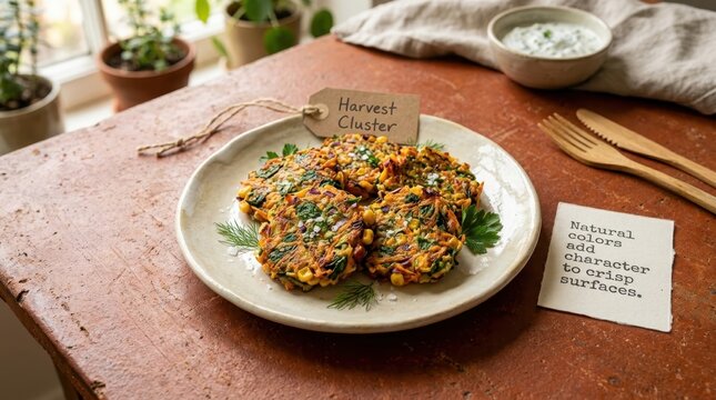 Freshly cooked vegetable fritters served on a rustic ceramic plate with corn, spinach and herbs on a wooden table, showcasing a healthy homemade meal perfect for vegetarian dining and lifestyle foods.