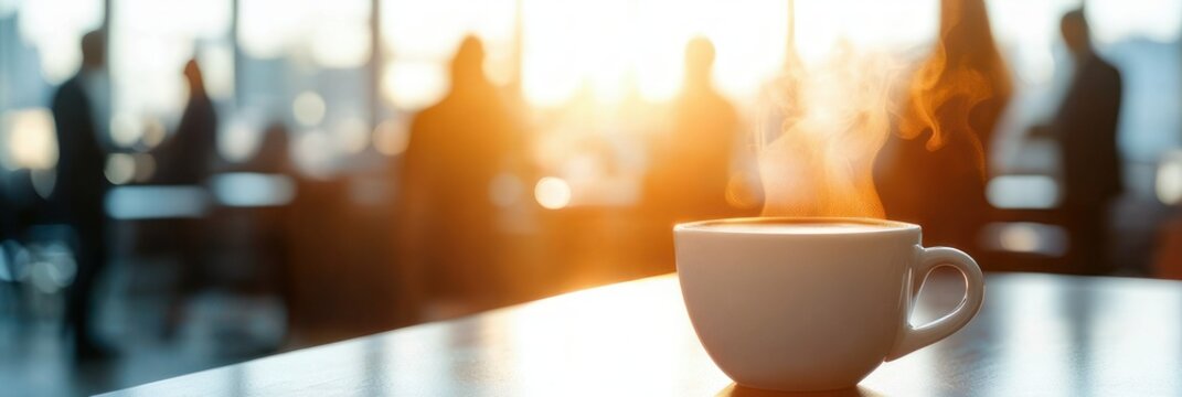 Steaming cup of coffee on a table with blurred silhouettes of people in a sunlit caf&eacute;, warm and peaceful morning atmosphere