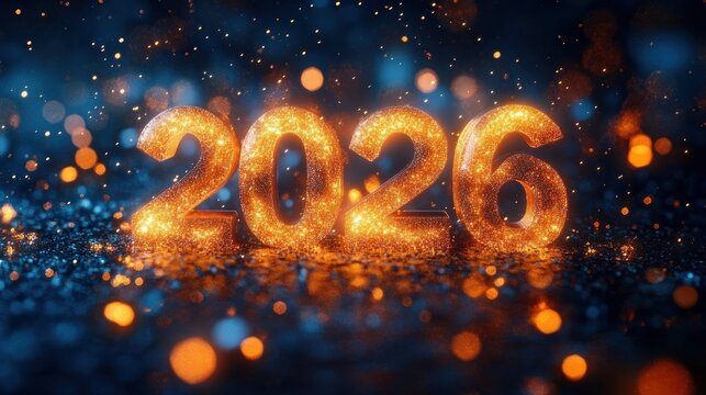 glittering golden 2025 numbers on a dark blue surface with glowing orange bokeh and sparkling particles, festive and celebratory atmosphere