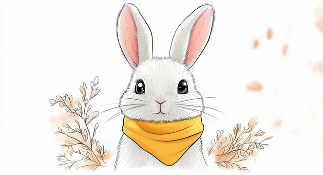 adorable white rabbit with large ears and big eyes wearing a yellow bandana, surrounded by delicate floral sprigs on a soft pastel background, gentle curious expression