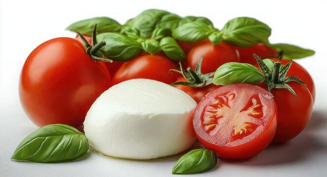 fresh ripe red tomatoes with creamy mozzarella ball and bright green basil leaves, juicy sliced tomato and appetizing vibrant still-life