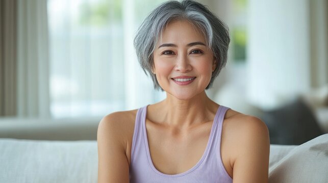 person with short gray hair in a lavender tank top sitting on a sofa in a softly lit living room, calm and relaxed expression