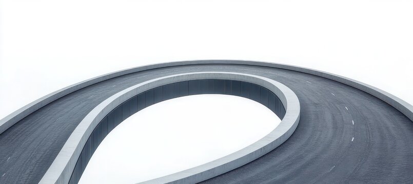 Empty elevated looping highway ramp with concrete barriers and dashed lane markings against a pale sky, minimalist composition conveying calm solitude