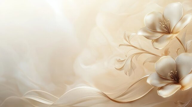 two elegant cream and gold stylized flowers with flowing ribbon-like leaves on a soft glowing beige background, serene and luxurious mood