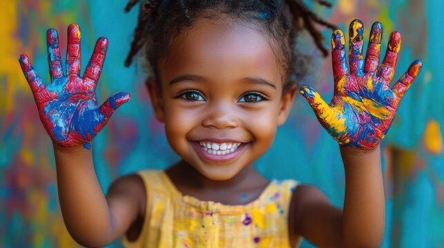 Young child with blurred face holding up paint-covered hands against a bright multicolor splattered background, wearing a yellow dress, playful and joyful