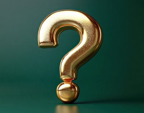 gold metallic question mark standing on a gold sphere against deep green background, glossy reflective texture evoking curiosity and mystery