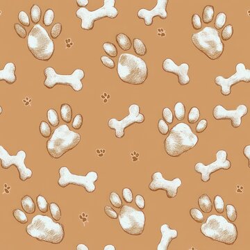 hand-drawn white paw prints and dog bones repeating on warm tan background with small paw accents, playful cozy pet pattern