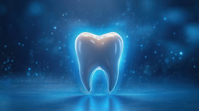 Glowing healthy tooth with glossy enamel and blue luminous aura, floating above a reflective surface against a starry deep blue background, pristine and futuristic