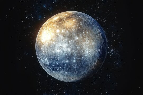 lonely cratered planet suspended in space, bathed in golden highlights and cool blue shadows against a starry backdrop, evoking wonder and quiet solitude