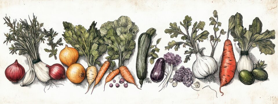 hand-drawn row of fresh vegetables on aged paper: red and yellow onions, garlic, leafy greens, carrots, zucchini, eggplant, purple cauliflower and radishes, cheerful rustic still life