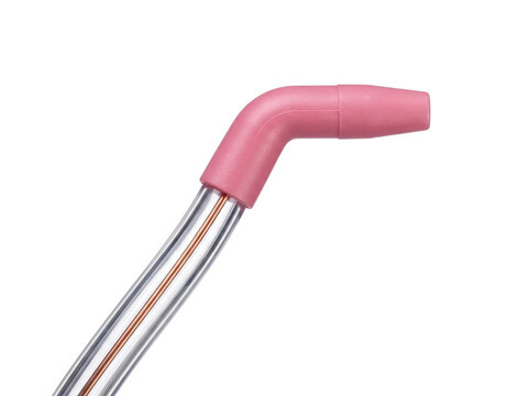 Dental saliva ejector suction tip with flexible pink cap isolated on white background for medical dentistry procedures, oral hygiene care, clinic equipment, and orthodontic dental treatment tools.