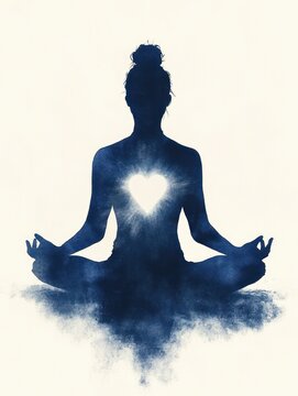 silhouette of a person meditating in lotus pose with a glowing heart at the chest, calm and radiant serenity