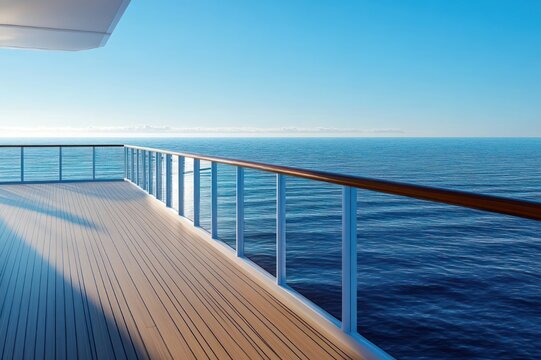 Sunlit ship deck with glass railing overlooking calm blue ocean and distant horizon, evoking peaceful serenity
