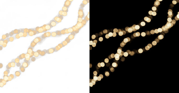 Golden bokeh light overlays and lens flares, abstract glowing string lights on black background for professional compositing, festive holiday decoration and creative digital design element