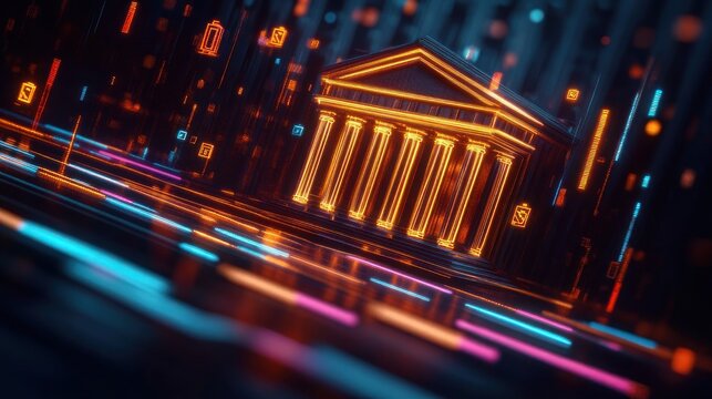 glowing neon classical bank building icon with columns surrounded by streaking data streams and floating financial symbols, futuristic energetic digital finance scene