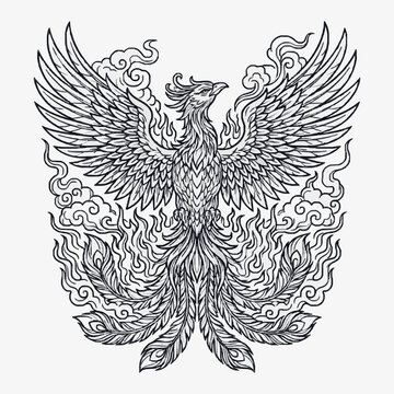 Phoenix Bird Tattoo Design with Fire and Clouds Vector