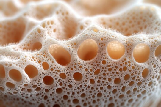 macro close-up of beige porous foam with rounded bubbles and soft airy texture evoking calm delicate warmth