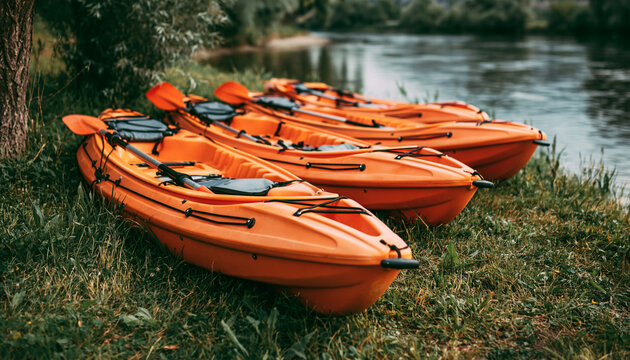 Row of orange plastic canoes resting on green grass by river bank. Outdoor water sports equipment ready for summer adventure, camping trip leisure activity. Group of rental boats parked near water