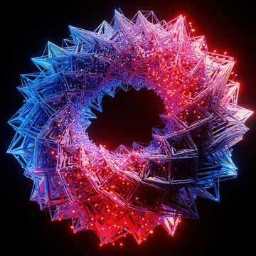 Abstract digital fractal shape with red, blue glowing particles forms complex structure. Geometric 3D artwork displays intricate details, vibrant energy. Futuristic design evokes innovation,