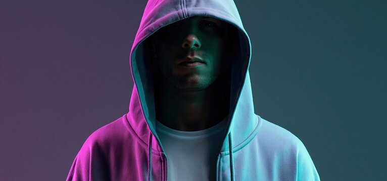 A figure wearing a luminous futuristic hoodie stands beneath vivid teal and purple neon lights, symbolizing cyber security and technology advancements.