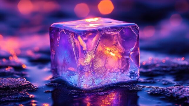 Glowing melting ice cube on a wet reflective surface with purple and orange bokeh lights, dreamy serene mood