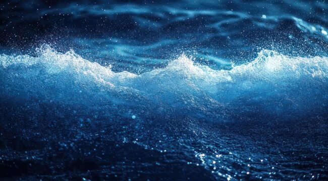 deep blue ocean waves with foamy crests and sparkling spray, dramatic energetic motion and textured water surface