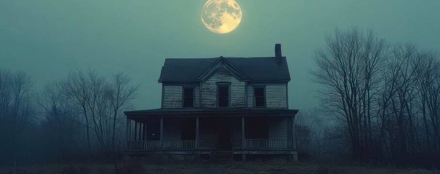 Eerie abandoned two-story wooden farmhouse with front porch under a full moon, surrounded by bare trees and fog, evoking isolation and haunting silence