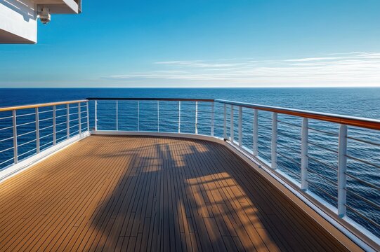 Empty wooden cruise ship deck with white railings overlooking calm blue ocean and clear sky, warm sunlight and long shadows evoking peaceful relaxation