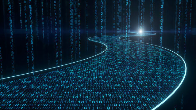A winding digital road made of binary code ones and zeros flowing through a dark space with a glowing light at the end of the data pathway