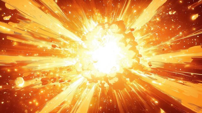 brilliant fiery explosion with white-hot core, orange and yellow radial beams, flying debris, sparks and dramatic intense energy