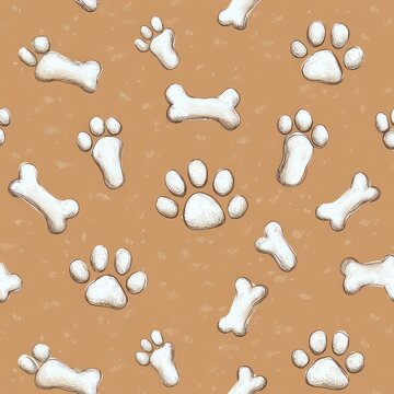 playful seamless pattern of hand-drawn white dog paw prints and bones on a warm tan background with whimsical textured sketch style
