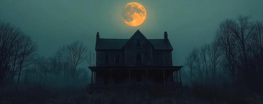 dilapidated two-story farmhouse with wraparound porch on a foggy night beneath a huge glowing full moon, surrounded by bare trees and overgrown grass, eerie and foreboding