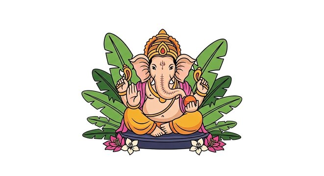 Charming Illustration of Lord Ganesha in Meditation Amidst Lush Greenery and Flowers, Ideal for Ganesh Chaturthi Celebrations