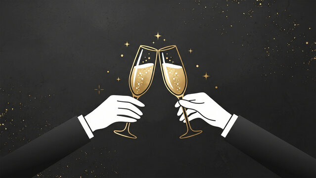 monotone hands in suits clinking golden champagne flutes